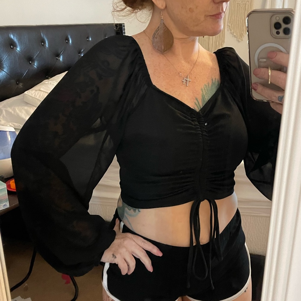 Black Crop Top with Sheer Puffy Sleeves